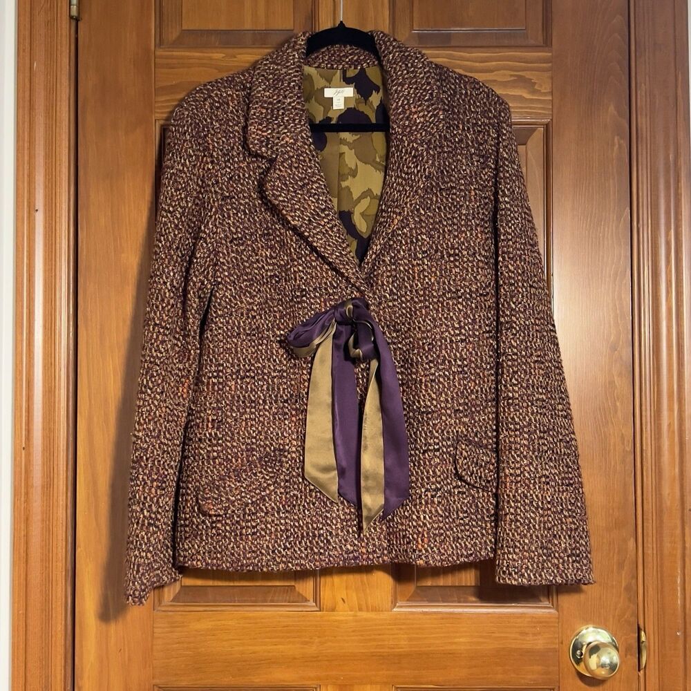 J. Jill Textured Tweed Blazer Sz 14T Purple Rust Gold Lined Detachable Ribbons